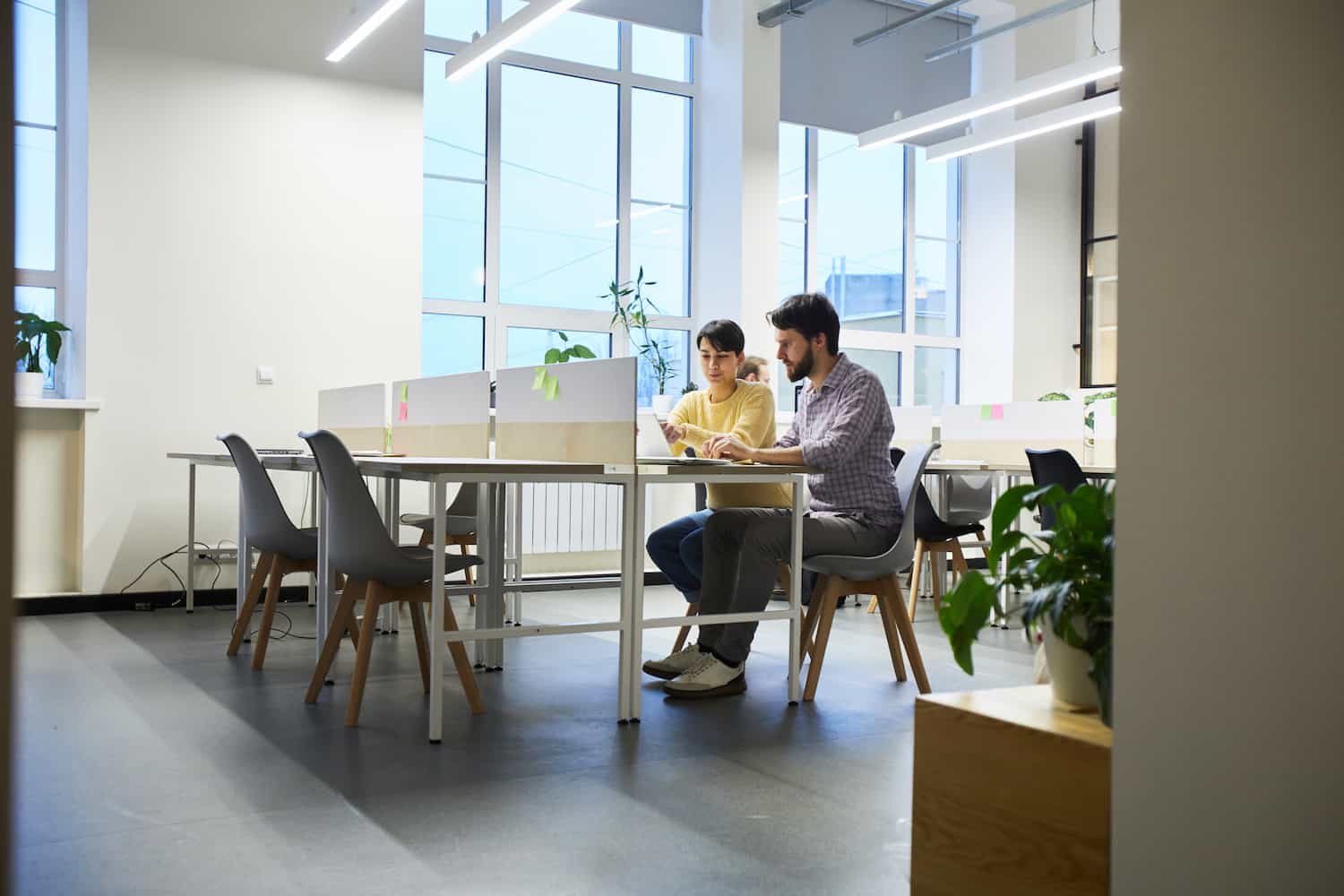 Dwóch specjalistów pracuje przy wspólnym stole w jasnym biurze nad strategią marketingową
